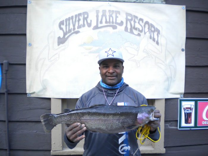 CA Nunerley III of Reseda landed this beautiful 8 pound 5oz Rainbow caught on Silver Lake using Power Bait